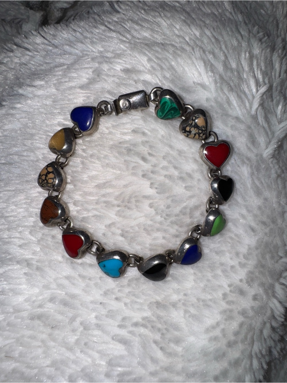Vintage Taxco Sterling Silver 27g Gemstone Heart Link Bracelet, 7"
